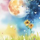 "32" im Logo und "MOND" unten. Große, helle Mondscheibe über einem Feld mit Sonnenblumen und Schmetterlingen.