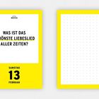 "Was ist das schönste Liebeslied aller Zeiten?" Links gelb umrahmt, rechts leere Punkte mit gelbem Rand.