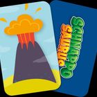 Text: „SCHNAPPO SAURUS“. Illustration: Vulkan mit Lava und Rauchwolken vor blauem Himmel.