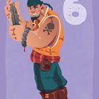 Die Zahl 6. Ein kräftiger Mann in orangener Weste, mit Tatto, grünen Hosen und braunen Stiefeln, hält Dynamitstangen.