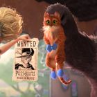 "WANTED PUSS in BOOTS DEAD OR ALIVE". Eine Frau hält ein Fahndungsplakat, ein Bär hält eine Katze hoch. Animation.