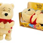 Links: Winnie Puuh Kuscheltier, gelb mit rotem T-Shirt. Rechts: Verpackung mit Text "Disney Winnie the Pooh".