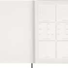 Sechs quadratische Notizfelder mit "MOLESKINE" und Wochentagen. Links: leere Seite.