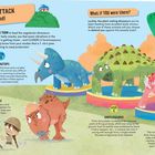 "T. REX ATTACK", "Find a friend!", "The museum says it's your turn", "Option A: Triceratops", "Option B: Pachycephalosaurus", "Option C: Ankylosaurus", "Option D: Sauropelta". Eine Illustration mit freundlichen Dinosauriern und einem Kind.