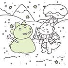 Illustration: Zwei drachenartige Figuren im Schnee vor Bergen und Baum, umgeben von Schneeflocken und Sternen.