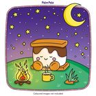 "Palm Pals" oben. Nachtlandschaft mit Carton-S'more, Lagerfeuer, dampfender Tasse, gelbem Mond und Sternen.