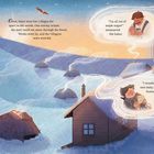 Texte: "Once, there were two villages... worried." "I’m all out of maple sugar," "I wonder if the new baby arrived," "Poor Gus needs more stitches." Illustration von Häusern im verschneiten Wald.