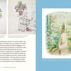 1. "With a minimum of pigment, Potter has communicated the colors of these fuchsias."
2. "In 1903, the Fawe Park gardener moved this potted fuchsia to the garden for summer."
3. "Fuchsias arch into the garden path traversed by Mr. McGregor in *The Tale of the Flopsy Bunnies*."

Links zwei Zeichnungen von Fuchsien, rechts eine Illustration mit einem Mann auf einem Gartenweg und Hasen.