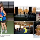 Texte: Sun City Pickleball Club wuchs auf 964 Spieler. Bilder: Menschen spielen Pickleball, fröhliches Paar, einzelne Person mit Schläger.