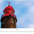 "Leuchtturm an der Weser." Kalendarium unten zeigt September. Oben roter Leuchtturm vor blauem Himmel.