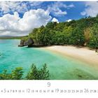 "Philippinen", Monatsübersicht September mit Zahlen. Tropischer Strand mit klarem Wasser, weißem Sand und üppigem Grün.