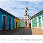 "Trinidad" und eine Kalenderdarstellung für den Monat September. Bunte koloniale Gebäude und ein Kirchturm.