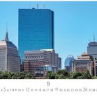 Text: "Massachusetts, Boston", "CASARES EDITION", darunter eine Kalenderübersicht. Skyline mit gläsernem Hochhaus.