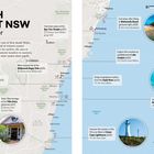 Links "SOUTH COAST NSW Trip Builder". Rechts Fotos vom Strand, einem Leuchtturm, Tauchen und einer Küstenkarte.