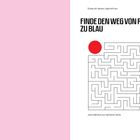 "Finde den Weg von Rot zu Blau." Ein Labyrinth mit rotem Punkt oben links und blauem Punkt unten rechts. Links rosa Fläche.