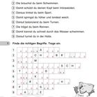 "Sportabenteuer: Damit kannst du den Tennisball schlagen. Die brauchst du beim Schwimmen." Kreuzworträtsel mit Koala.