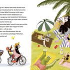 Text über Sonnencreme, Zauberpinsel und Schwimmbad. Illustration: Affen und Tiere auf Fahrrädern, entspannen auf einer Wiese.