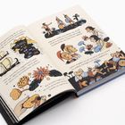 Zwei geöffnete Buchseiten mit Illustrationen und Texten über Odysseus und einer Insel mit Bewohnern, die Früchte essen.