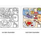 Links: "vor dem Ausmalen"; rechts: "nach dem Ausmalen". Frühstücksszene mit Milch, Brot und Marmelade, links schwarz-weiß, rechts bunt.