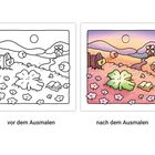 Vor dem Ausmalen, nach dem Ausmalen. Illustration: Landschaft mit Hügeln, Schafen, Blumen, Rucksack, Kleeblatt und Buch.