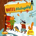 „HOTEL Winterschlaf“ steht auf einem Schild. Eine Illustration von Tieren im Winterwald. Ein Fuchs öffnet eine Tür.