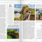 Links: Text über die Geologie der Küste Nordirlands. Rechts: Fotos von Klippen, einer Hängebrücke und einem Informationsschild.