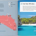 Seite 28: "Insel des Windes". Karte von Menorca mit Routen und Orten. Foto von türkisfarbenem Meer und dichter Vegetation.