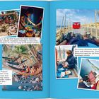 Text über Reisen und Abenteuer. Fotos zeigen Menschen im Dschungelcamp, auf Lastwagen, beim Kochen und in Hängematten.