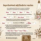 Texte: "Superhummel will Rockstar werden", "Bum ts pf", "13. Oktober". Illustration: Eine Hummel am Schlagzeug.