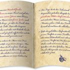 Ein Rezept in zwei Spalten für einen Liebestrank. Links wird Himbeersirup beschrieben, rechts Stiefmütterchentee. Unten eine Himbeere.