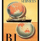 "CONNECTING SERVICES" oben, "B.I. STEAM NAVIGATION CO. LTD" unten. Schiff zwischen zwei Globussen auf orangefarbenem Hintergrund.