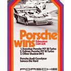 "Porsche wins Edmonton CAN-AM. 1. Donohue 917-30 Turbo 2. Follmer 917-10 Turbo 3. Oliver Shadow DN 2. Illustration von Rennwagen."