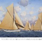 Kalender September: Zahl 9. Darstellung von Segelbooten auf dem Meer unter bewölktem Himmel.