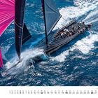Unten: Kalender mit Zahlen 1–30 und der großen Ziffer 9. Segelboot mit pinken und schwarzen Segeln auf blauem Meer.