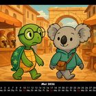 Kalender Mai 2026. Illustration: Eine Schildkröte und ein Koala spazieren durch eine antike Marktszene.