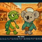Text: "Mai 2026". Kalenderblatt mit Schildkröte und Koala in Römerkulisse.