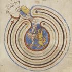 Text: "domus dedali". Eine mittelalterliche Illustration eines Labyrinths mit einer Kreatur in der Mitte.