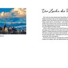 "Der Lachs der Weisheit" steht oben. Links: ein mittelalterliches Fenster mit Blick auf einen Rundturm und Fluss. Rechts: eine Klosterlandschaft unter wolkigem Himmel.