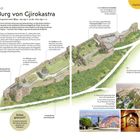 "Burg von Gjirokastra"; Beschreibung der Burg mit historischen Details; Illustration der Anlage und Fotos von Sehenswürdigkeiten.