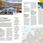 Überschrift "St-Tropez". Infos zu Sehenswürdigkeiten, Bars, Stränden. Bild von Hafen mit Booten. Kleine Karte unten.