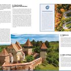 1 * Brașov; 2 * Viscri und die sächsischen Wehrkirchen; 3 * Sighișoara; 4 * Sibiu und Umgebung (Muzeul Astra). Links Text, rechts Fotos: Oben Luftaufnahme einer kurvigen Bergstraße, unten Bild einer Festung mit vier Türmen in grüner Landschaft.