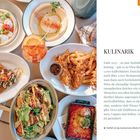 **KULINARIK**: Text über Wiens gastronomische Vielfalt, mit Hinweis auf über 1.000 Kaffeehäuser und 2.000 Restaurants. Verschiedene Gerichte und ein Getränk sind farbenfroh angerichtet.