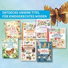 "Entdecke unsere Titel für kindgerechtes Wissen" in weißem Text auf blauem Hintergrund. Bücher mit bunten Covern.