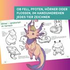 "Ob Fell, Pfoten, Hörner oder Flossen, im Handumdrehen jedes Tier zeichnen." Illustration: Fantasiewesen mit Frosch.