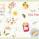„TEA TIME“ steht in rosanen Buchstaben. Illustration mit Teekanne, Tassen, Gebäck, Blumen und Marmeladenglas.