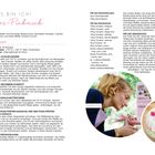 Das Bild zeigt ein Rezept für "Sommer-Picknick" mit Zutaten, Anweisungen und Dekorationstipps für eine Torte. Rechts ist ein Foto einer Frau, die eine Torte dekoriert, sowie eine fertige Torte mit detailreicher Verzierung, darunter eine Figur und Blumen aus Fondant.