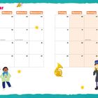 Kalender für Februar mit Wochentagen und Daten. Illustrationen von Kindern in Kostümen, Trommel, Horn. Platz für Notizen.
