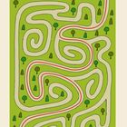 Text: "Lösung:". Ein Labyrinth auf grünem Hintergrund mit Bäumen; ein roter Weg führt hindurch.