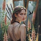 "SIEBEN DER SCHWERTER" unten in einem Banner. Eine Frau im Wald mit Schwert und zerrissenen Spiegeln.