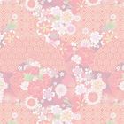 Keine Texte vorhanden. Pastellfarbene Blumenmuster auf geometrischem Hintergrund in Rosa und Pfirsich.